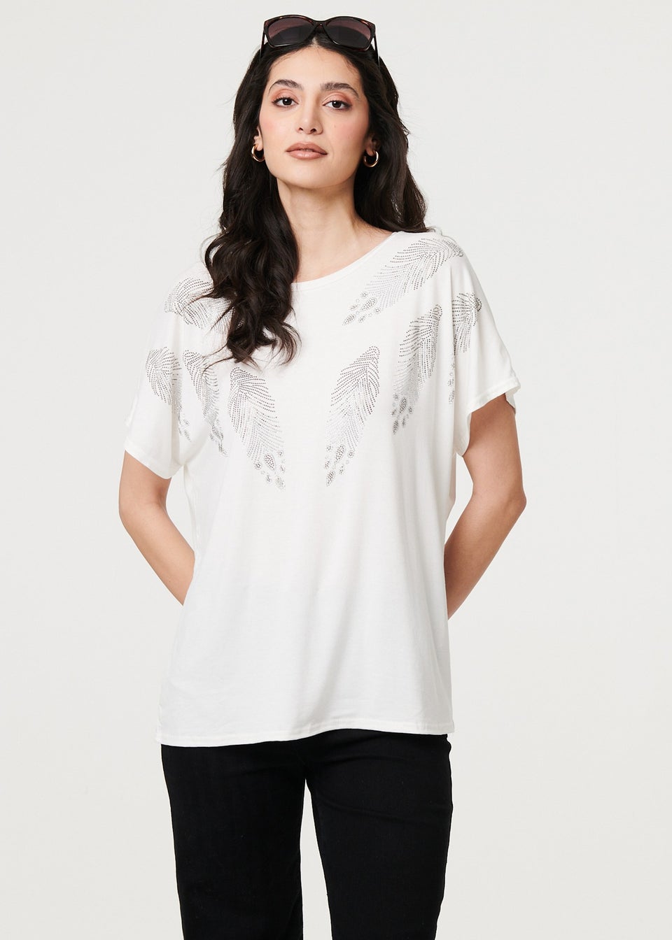Izabel London White Sparkly Feather Print Relaxed T-Shirt