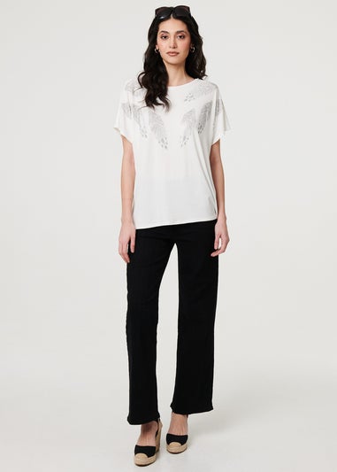Izabel London White Sparkly Feather Print Relaxed T-Shirt