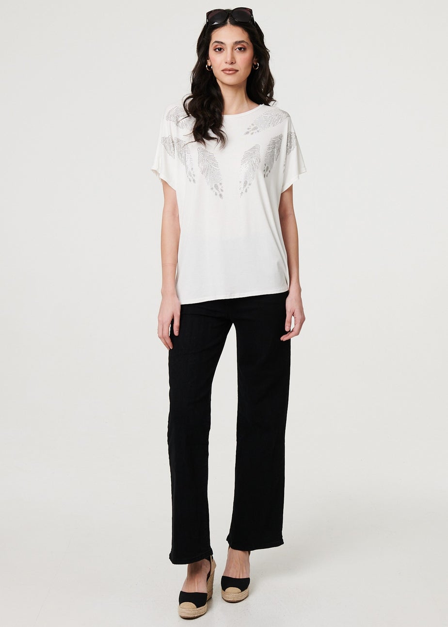 Izabel London White Sparkly Feather Print Relaxed T-Shirt