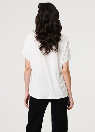 Izabel London White Sparkly Feather Print Relaxed T-Shirt