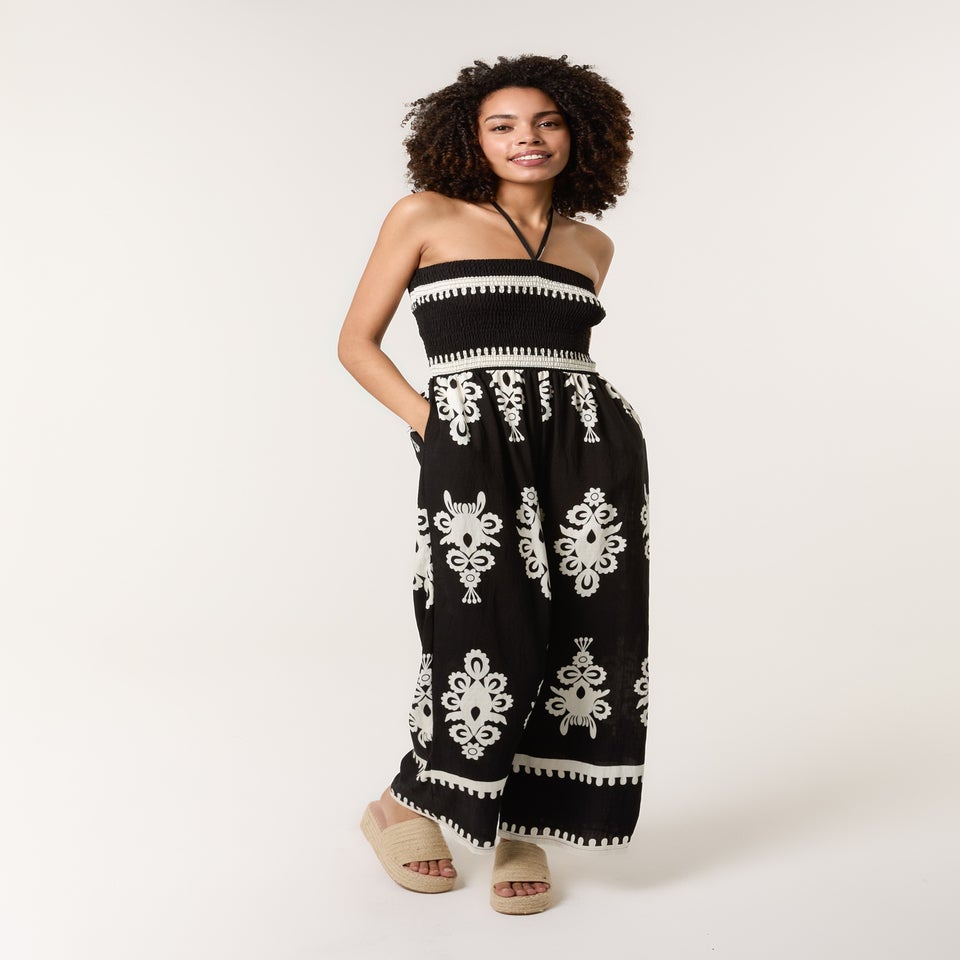 Blue Vanilla Black Strapless Shirred Waist Jumpsuit