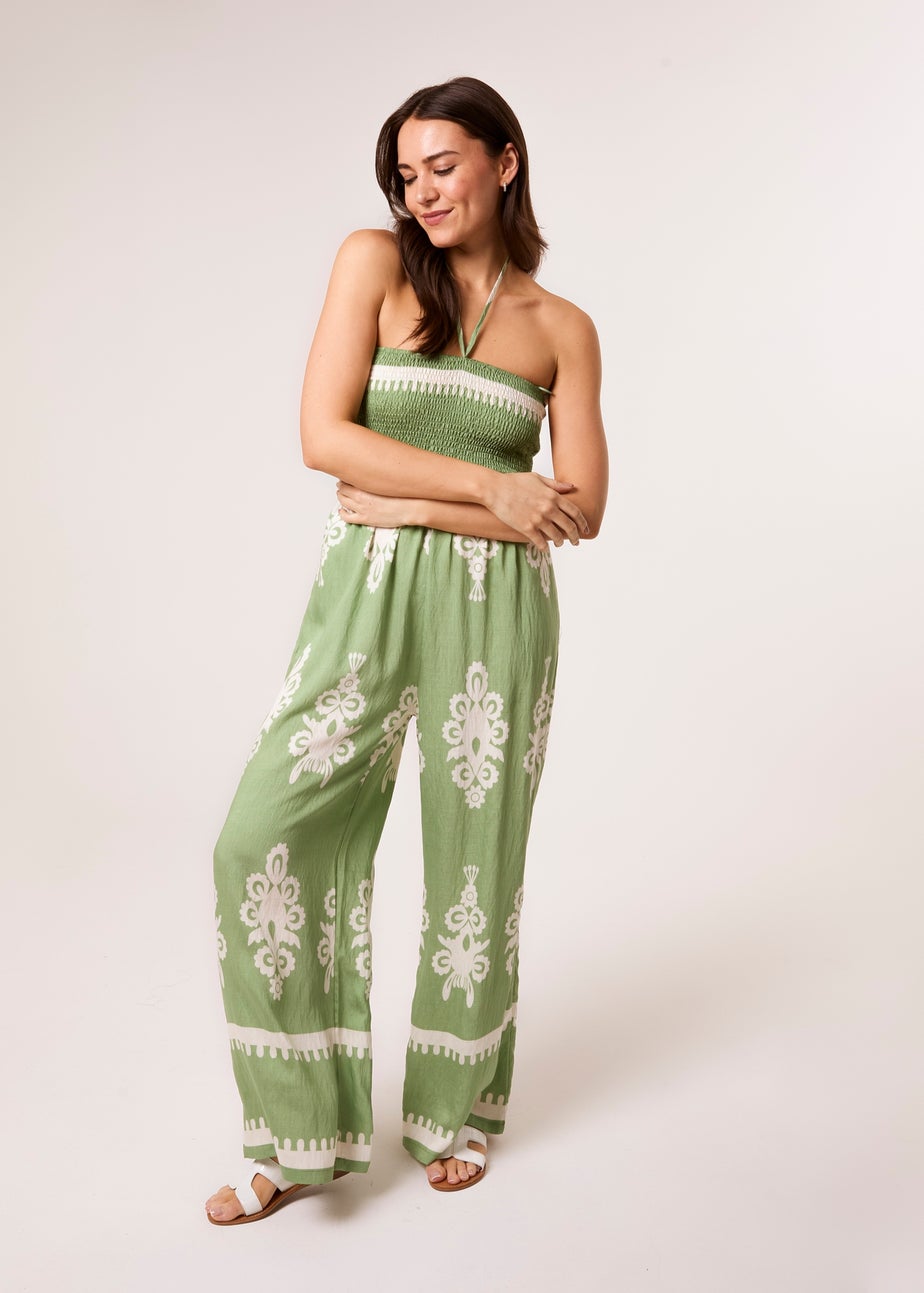 Blue Vanilla Green Strapless Shirred Waist Jumpsuit