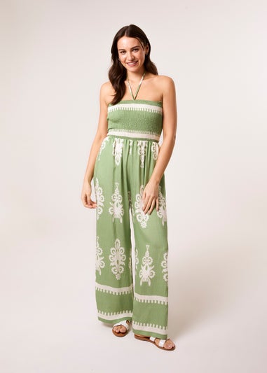 Blue Vanilla Green Strapless Shirred Waist Jumpsuit
