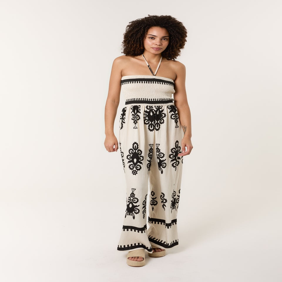 Blue Vanilla Stone Strapless Shirred Waist Jumpsuit