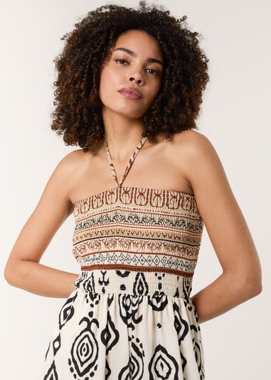 Blue Vanilla Stone Print Strapless Bandeau Shirred Jumpsuit