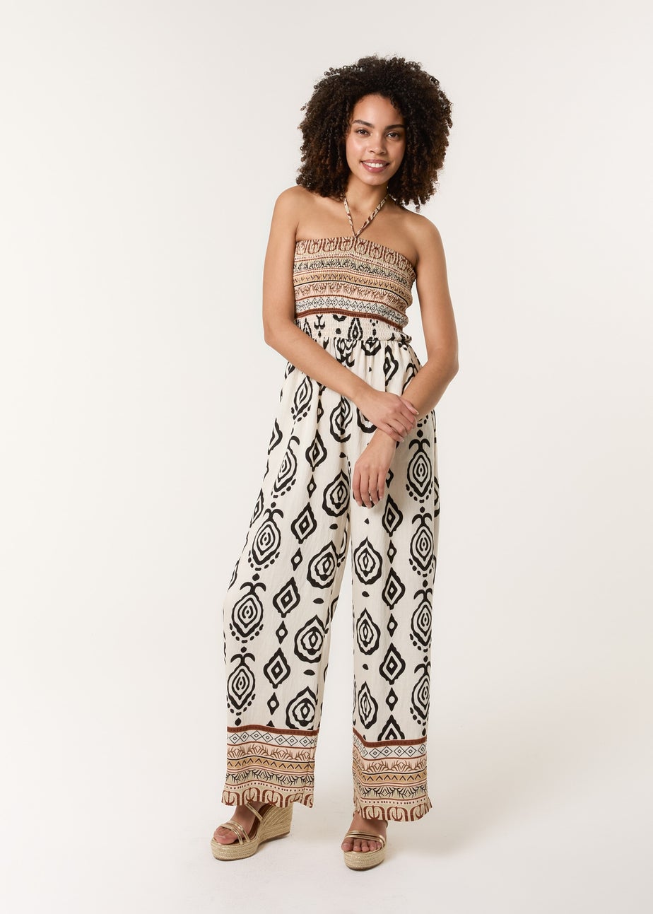 Blue Vanilla Stone Print Strapless Bandeau Shirred Jumpsuit