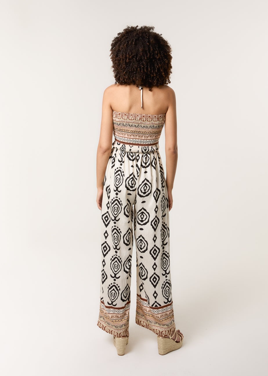 Blue Vanilla Stone Print Strapless Bandeau Shirred Jumpsuit