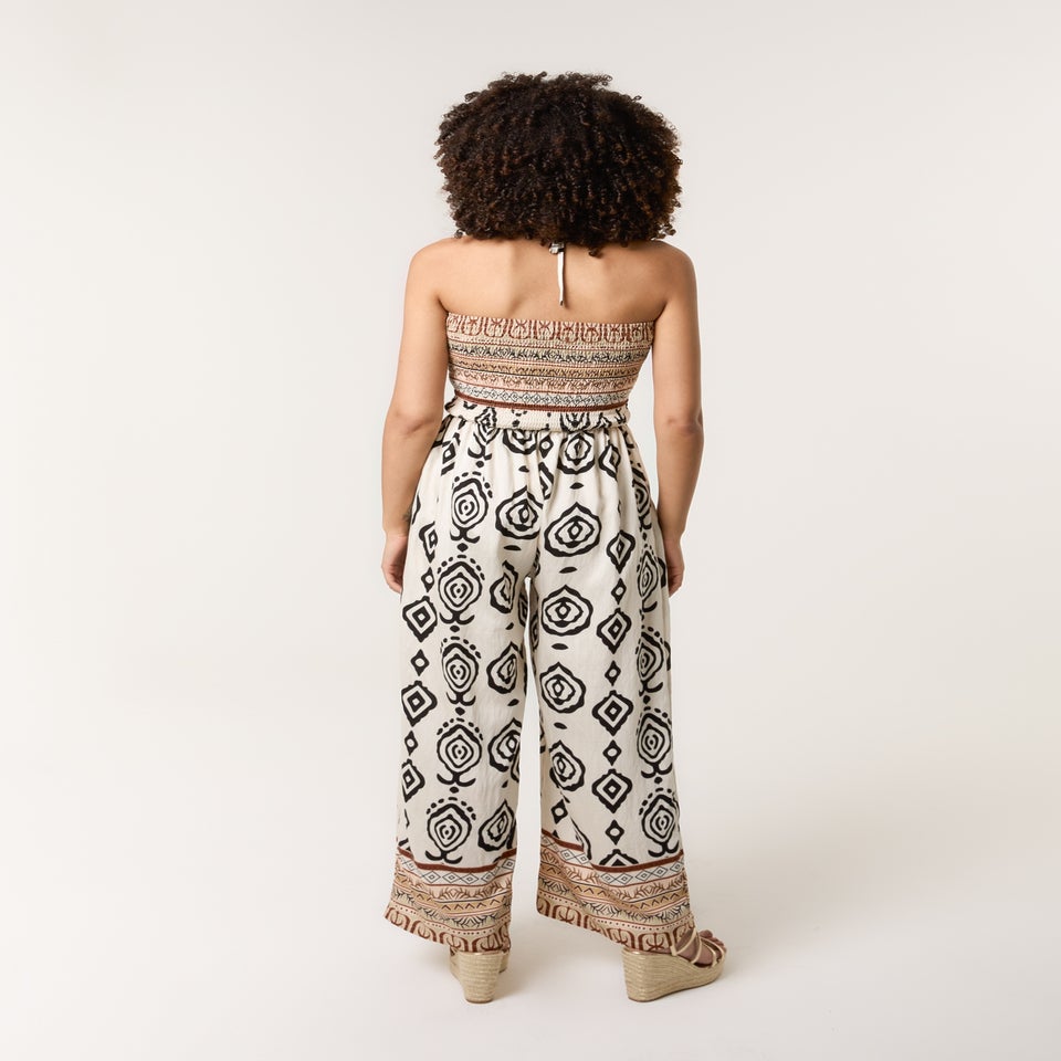 Blue Vanilla Stone Print Strapless Bandeau Shirred Jumpsuit