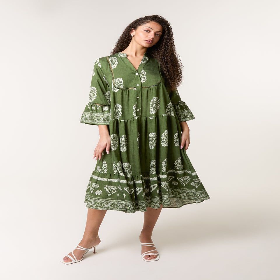 Blue Vanilla Khaki Intricate Print Dress