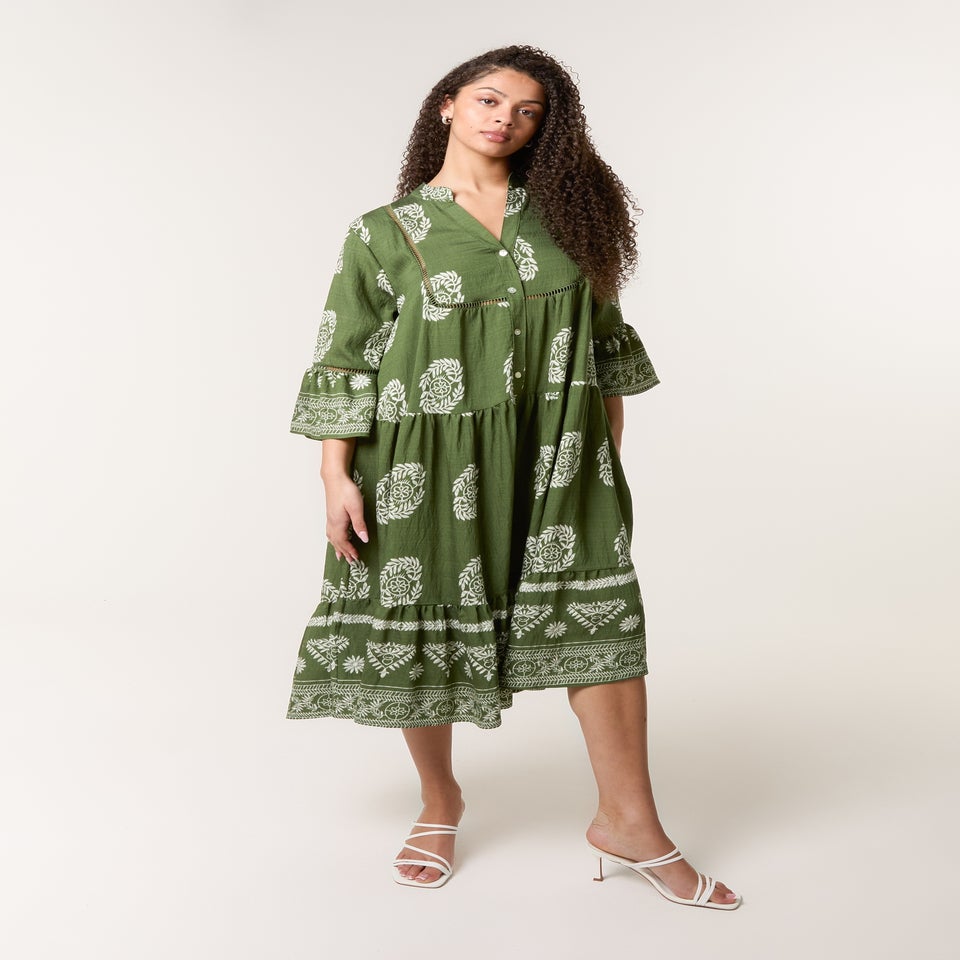 Blue Vanilla Khaki Intricate Print Dress