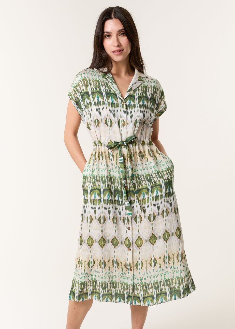 Blue Vanilla Khaki Printed Drawstring Shirt Dress