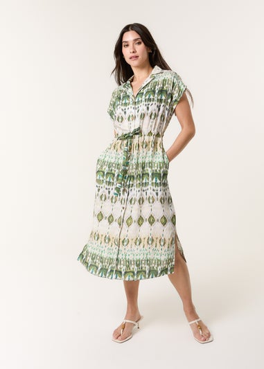 Blue Vanilla Khaki Printed Drawstring Shirt Dress