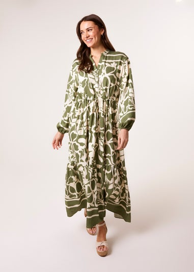 Blue Vanilla Khaki Abstract Floral Print Maxi Dress