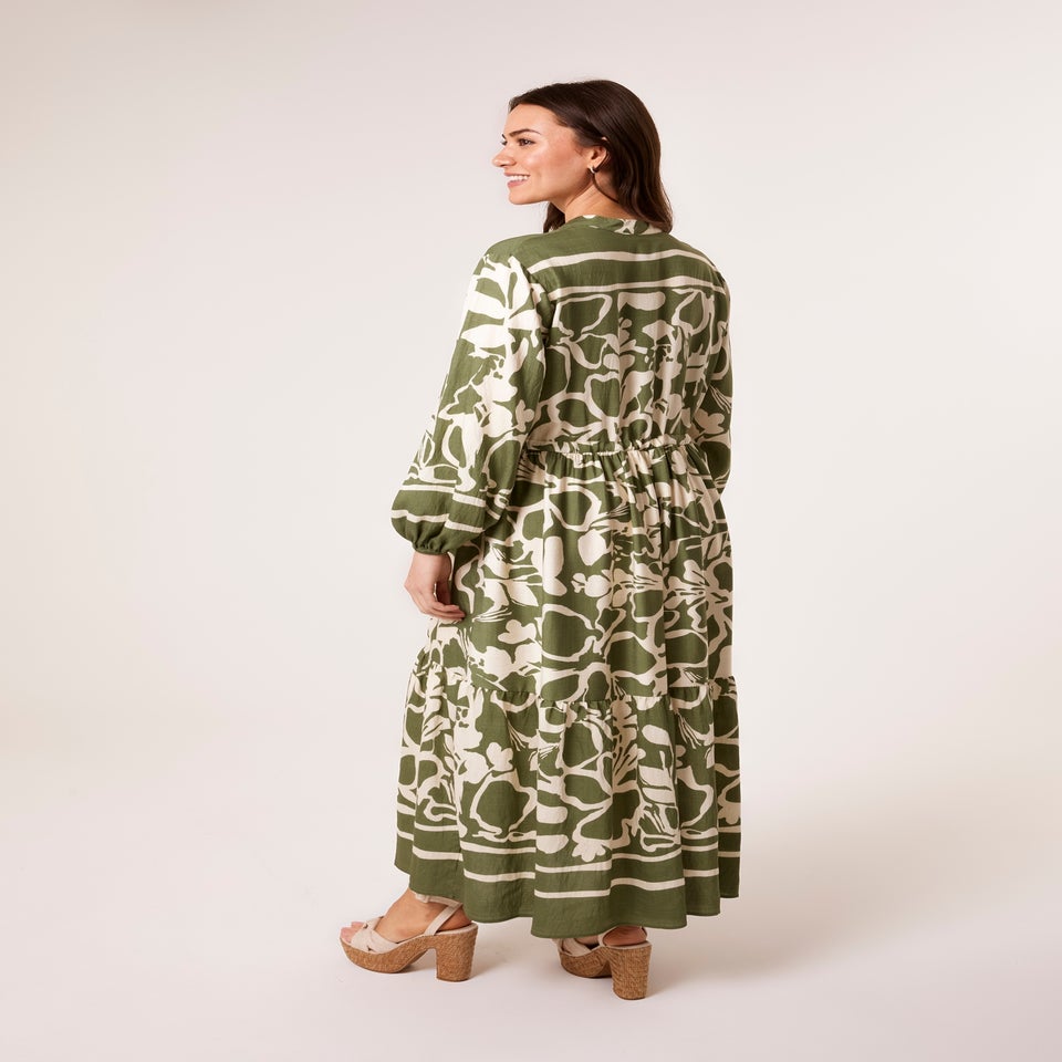 Blue Vanilla Khaki Abstract Floral Print Maxi Dress