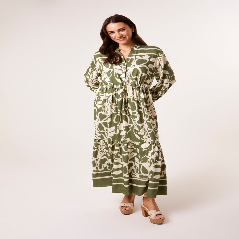 Blue Vanilla Khaki Abstract Floral Print Maxi Dress