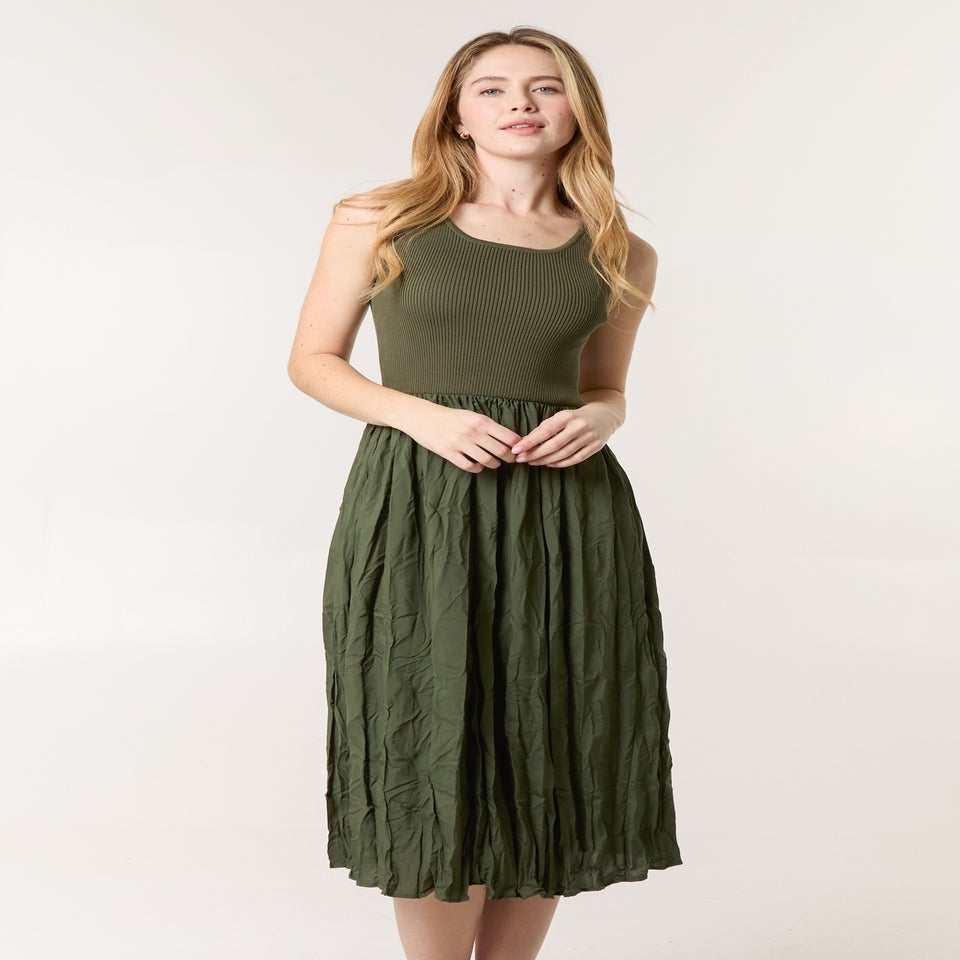 Blue Vanilla Khaki Round Neck Crinkled Dress