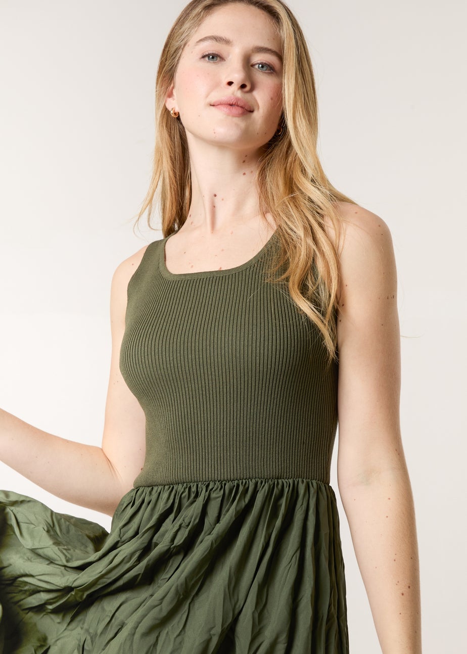 Blue Vanilla Khaki Round Neck Crinkled Dress