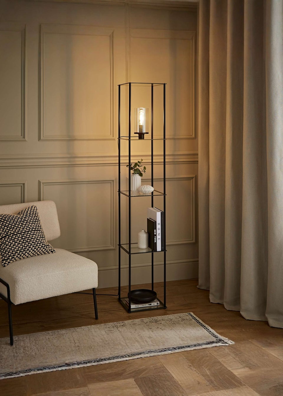 ValueLights Gobie Black Shelf Floor Lamp with Glass Shade