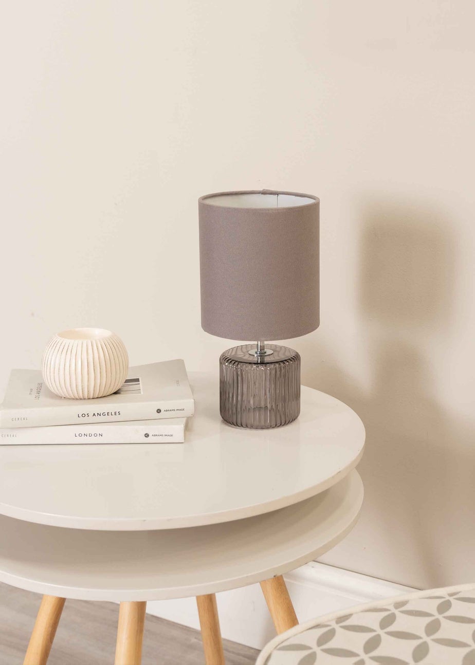 ValueLights Betty Smoked Grey Table Lamp with Grey Drum Shade (26cm x 14cm x 14cm)