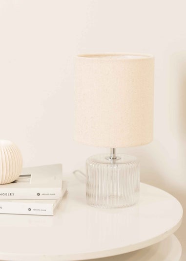 ValueLights Betty Clear Natural Table Lamp with Natural Drum Shade (26cm x 14cm x 14cm)