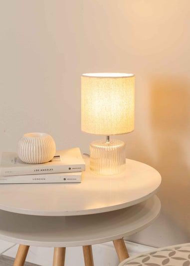 ValueLights Betty Clear Natural Table Lamp with Natural Drum Shade (26cm x 14cm x 14cm)