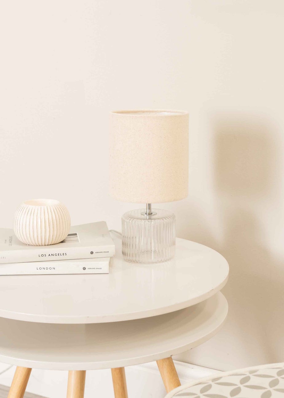 ValueLights Betty Clear Natural Table Lamp with Natural Drum Shade (26cm x 14cm x 14cm)