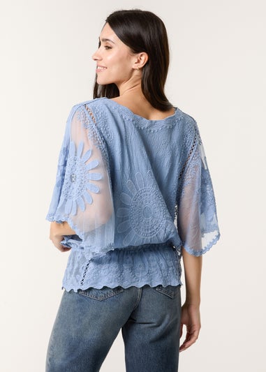 Blue Vanilla Blue Sun Flower Lace Sleeve Blouse