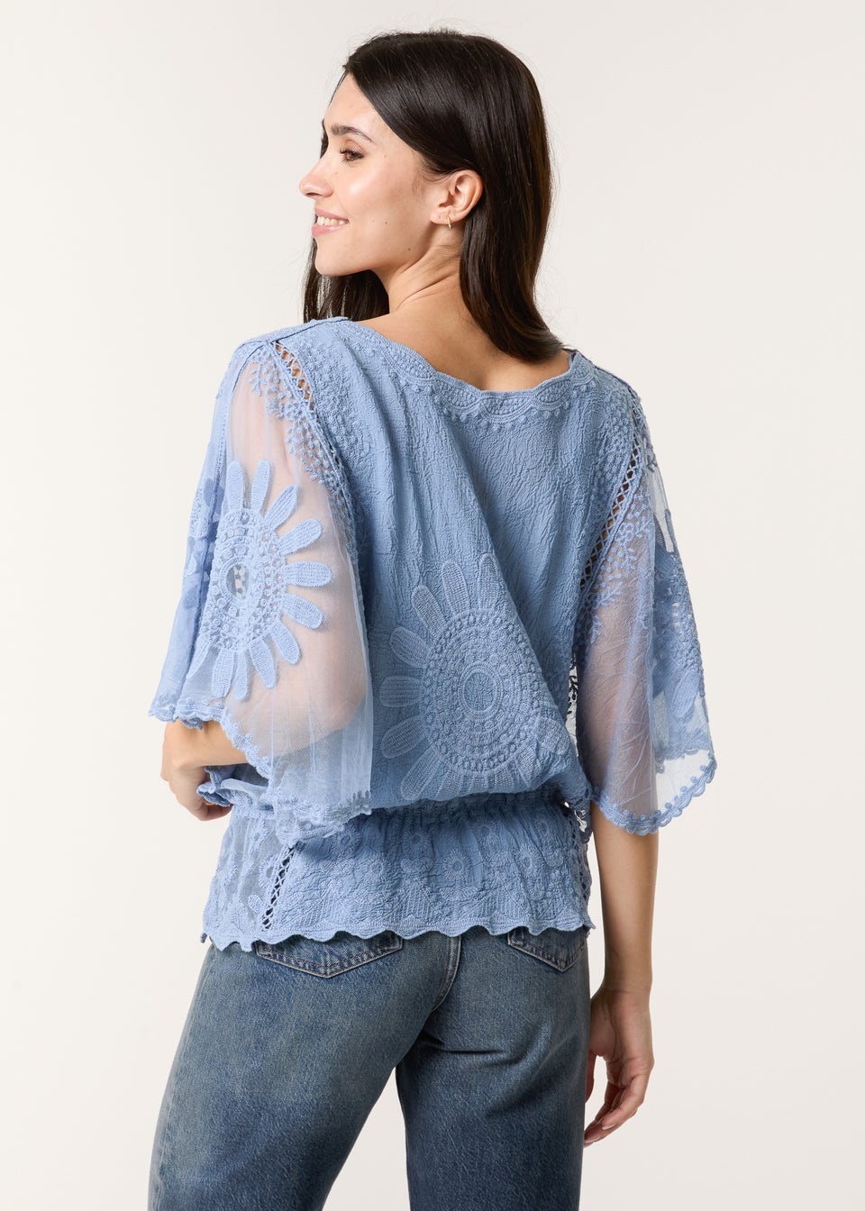 Blue Vanilla Blue Sun Flower Lace Sleeve Blouse