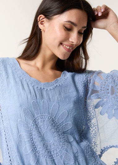 Blue Vanilla Blue Sun Flower Lace Sleeve Blouse