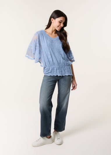 Blue Vanilla Blue Sun Flower Lace Sleeve Blouse