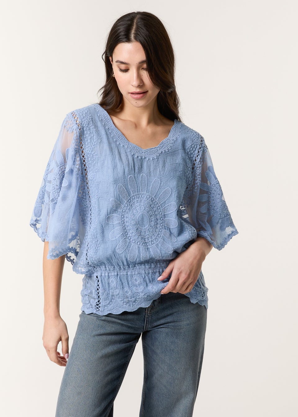 Blue Vanilla Blue Sun Flower Lace Sleeve Blouse