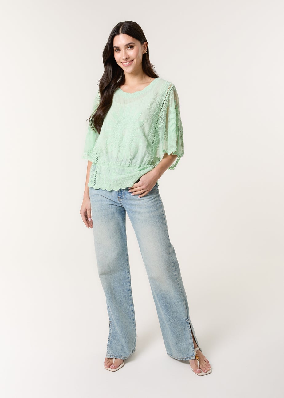 Blue Vanilla Sage Sun Flower Lace Sleeve Blouse