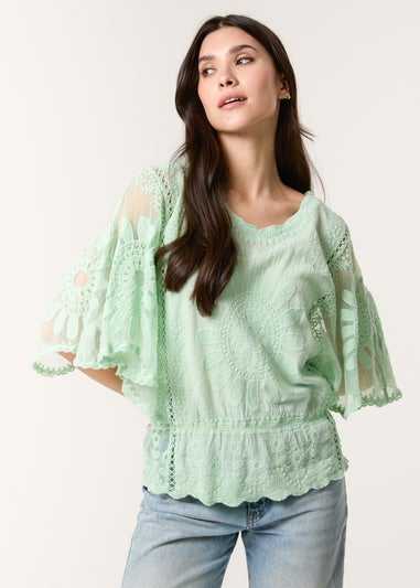 Blue Vanilla Sage Sun Flower Lace Sleeve Blouse