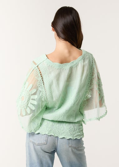 Blue Vanilla Sage Sun Flower Lace Sleeve Blouse
