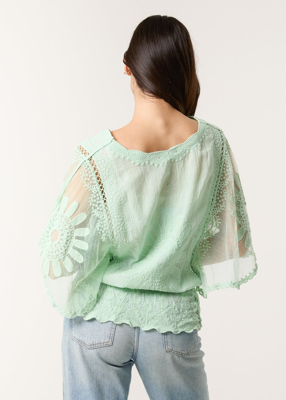 Blue Vanilla Sage Sun Flower Lace Sleeve Blouse