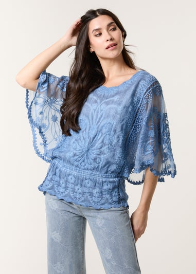 Blue Vanilla Denim Floral Lace Butterfly Sleeve Blouse