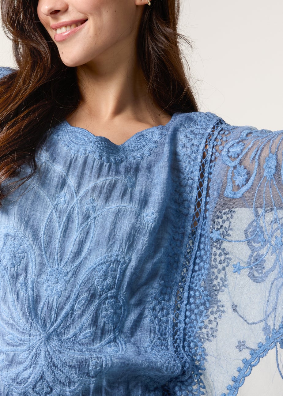 Blue Vanilla Denim Floral Lace Butterfly Sleeve Blouse