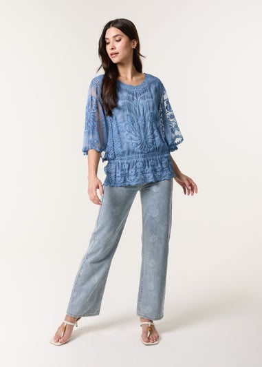 Blue Vanilla Denim Floral Lace Butterfly Sleeve Blouse