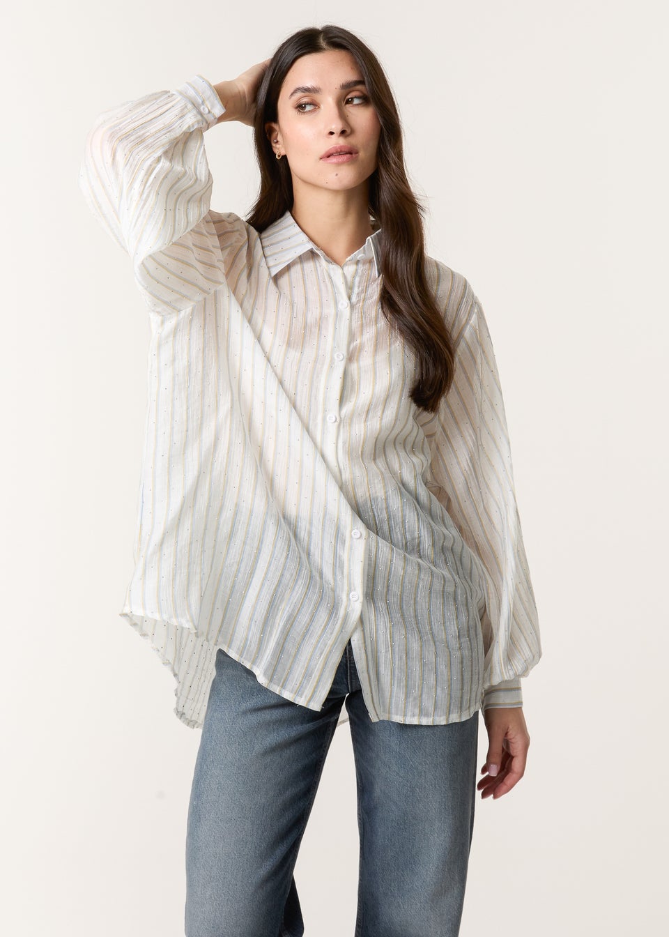 Blue Vanilla Blue Diamante Detailed Shirt With Vertical Stripes