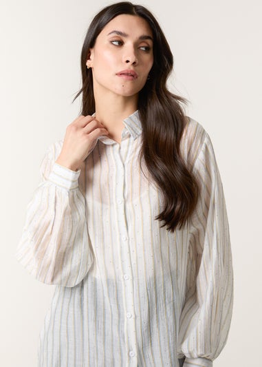 Blue Vanilla Blue Diamante Detailed Shirt With Vertical Stripes