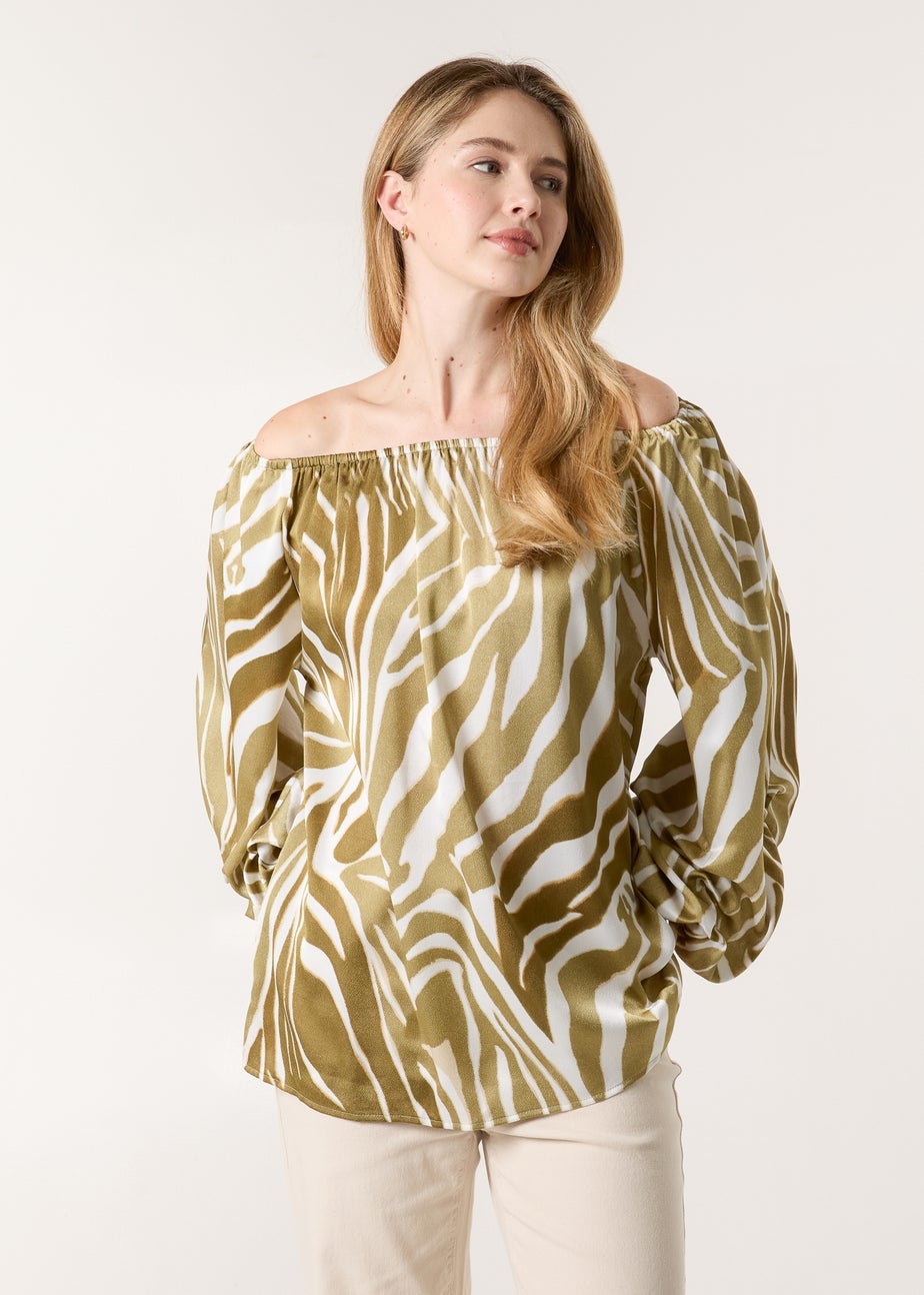 Blue Vanilla White Zebra Satin Ruched Bardot Top