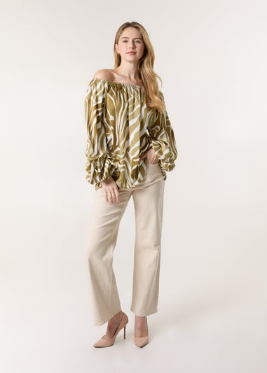 Blue Vanilla White Zebra Satin Ruched Bardot Top