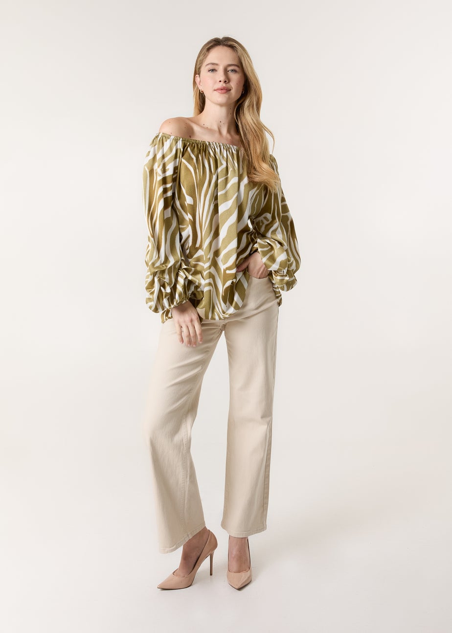 Blue Vanilla White Zebra Satin Ruched Bardot Top