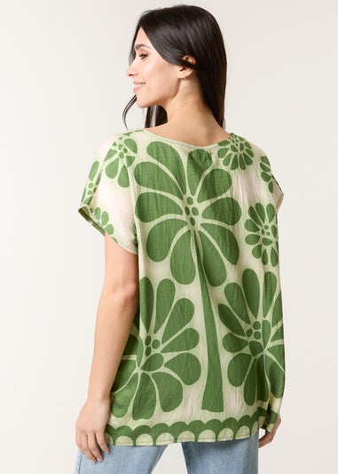 Blue Vanilla Khaki Round Neck Floral Top