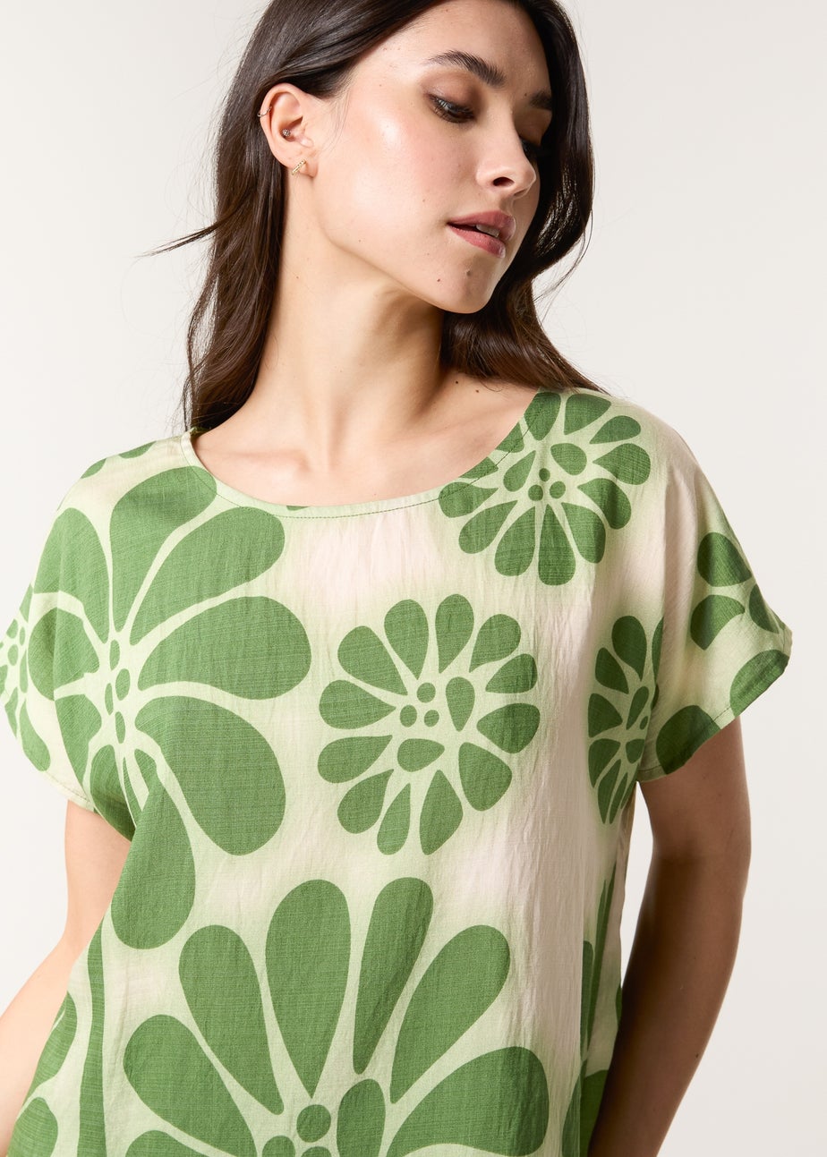 Blue Vanilla Khaki Round Neck Floral Top
