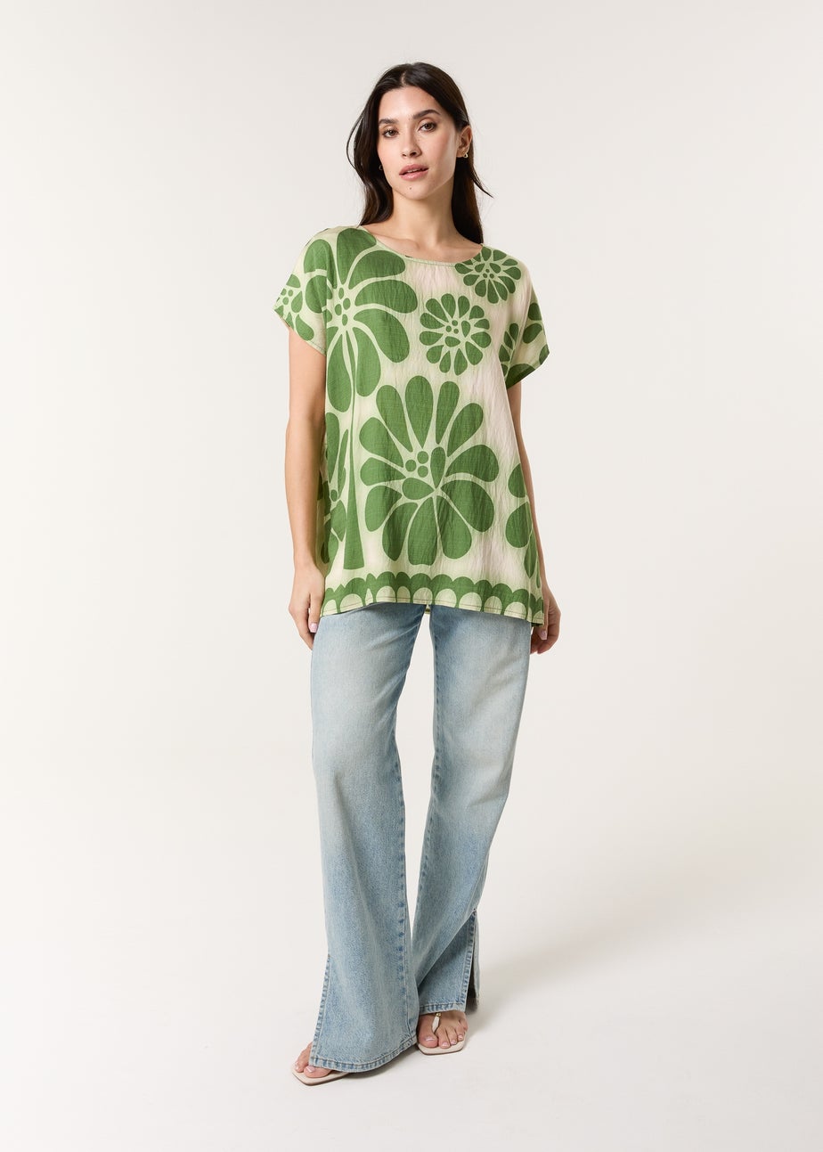 Blue Vanilla Khaki Round Neck Floral Top