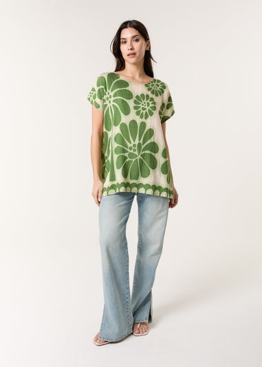 Blue Vanilla Khaki Round Neck Floral Top