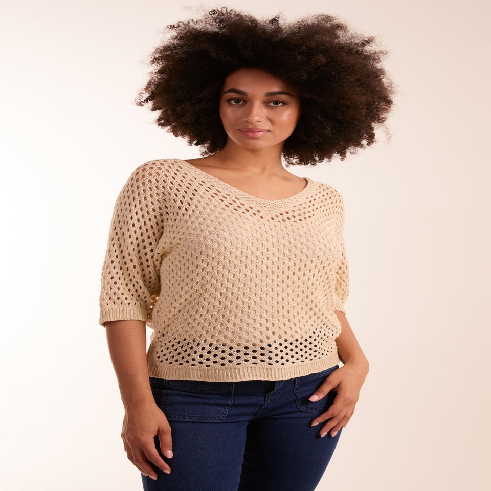 Blue Vanilla Beige Crochet V Neck Top