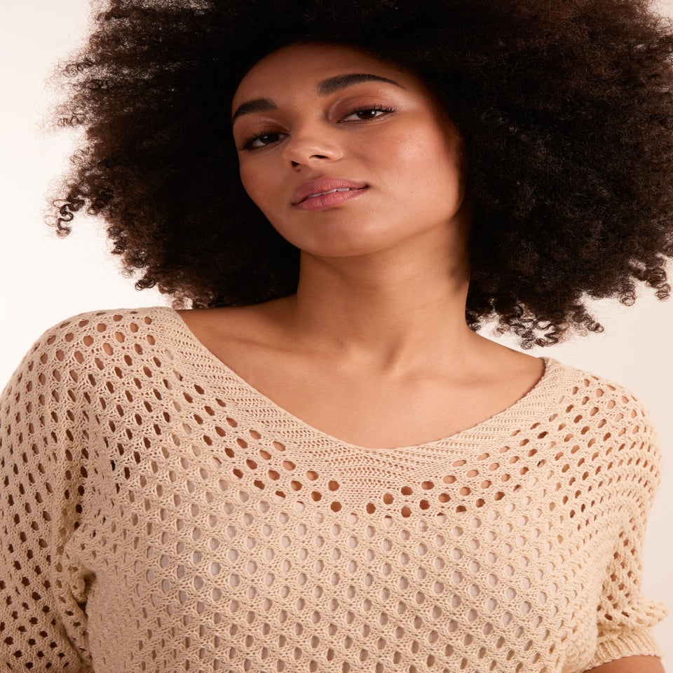 Blue Vanilla Beige Crochet V Neck Top