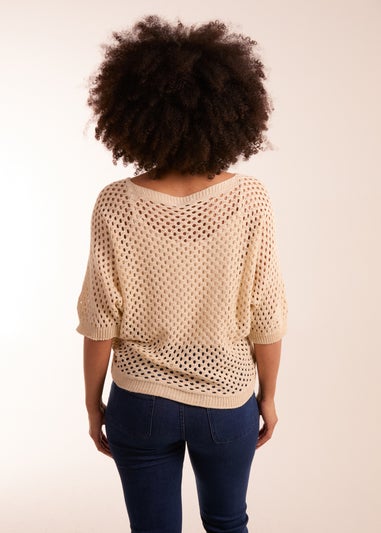 Blue Vanilla Beige Crochet V Neck Top